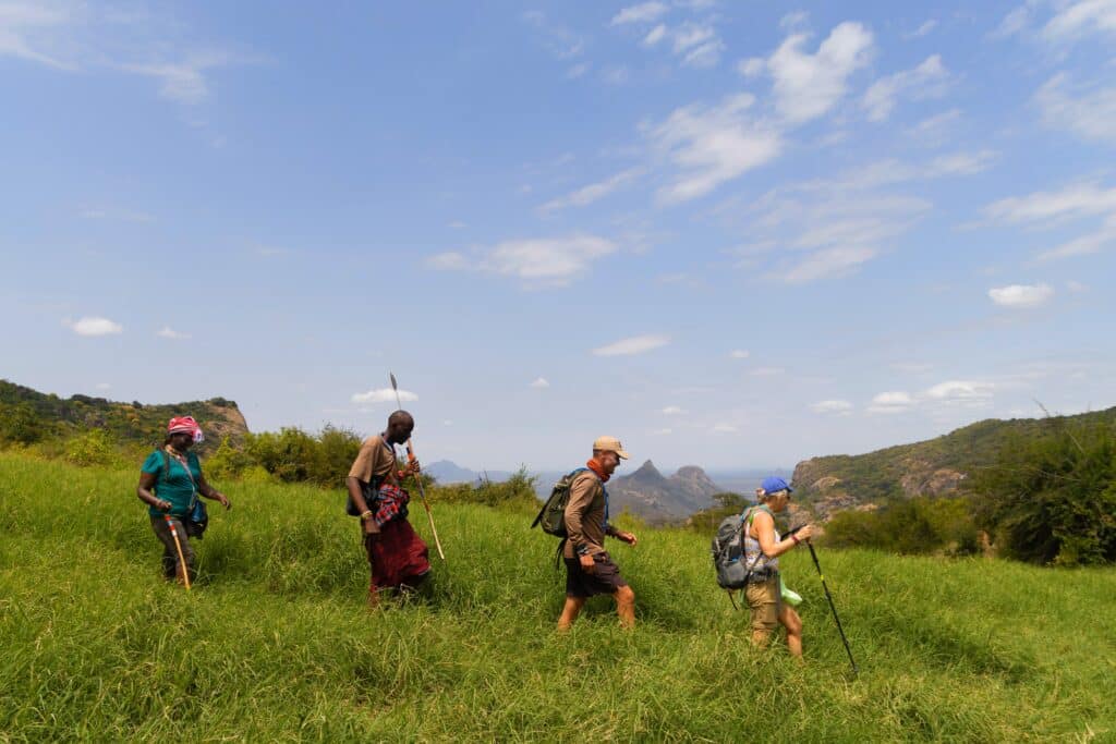 A Samburu guide leads participants on foot through high grass in the Ndoto Mountains, northern Kenya